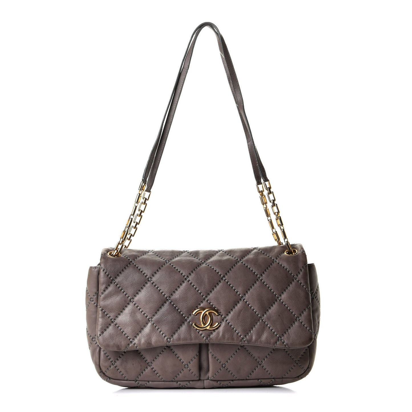 Calfskin Quilted Large Retro Chain Flap Grey