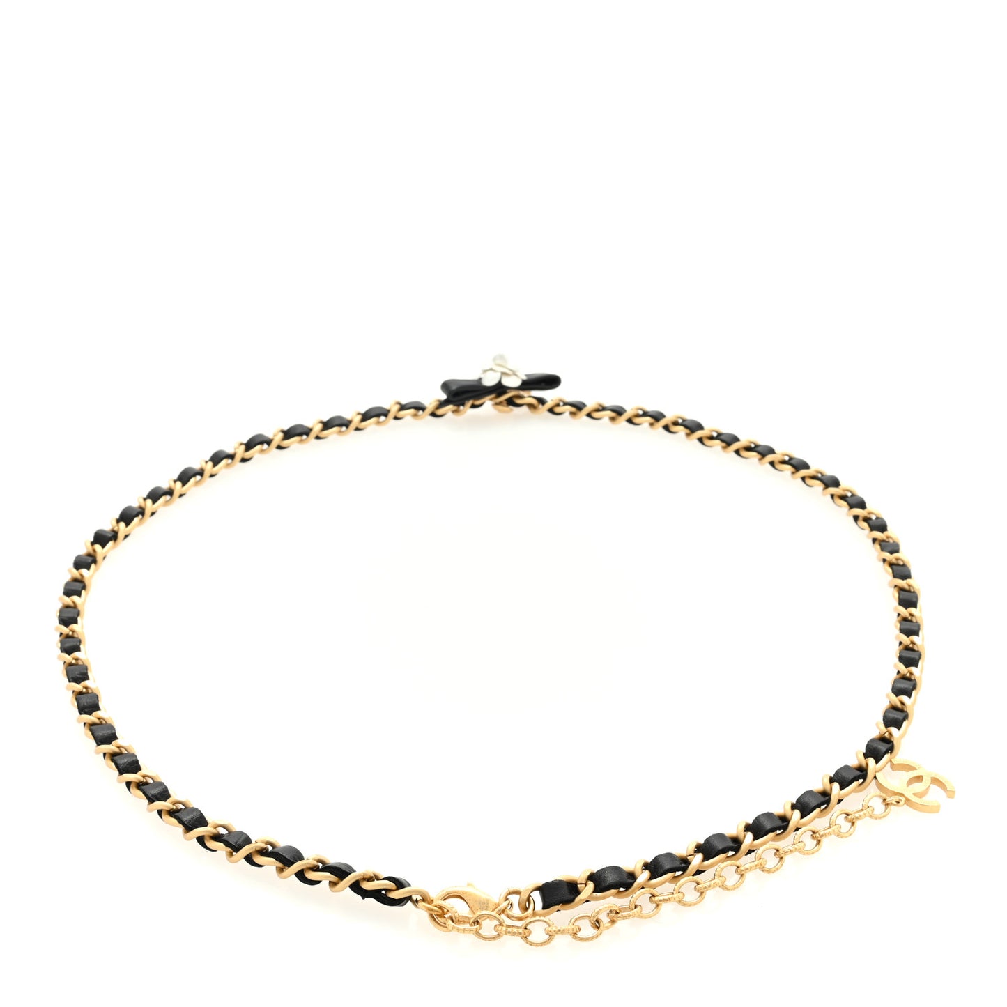 Calfskin Crystal Chain Camellia Belt 90 36 Black Gold
