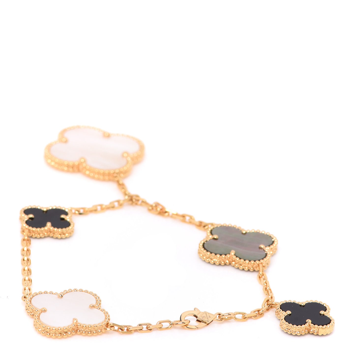 18K Yellow Gold Grey Mother of Pearl Black Onyx 5 Motifs Magic Alhambra Bracelet