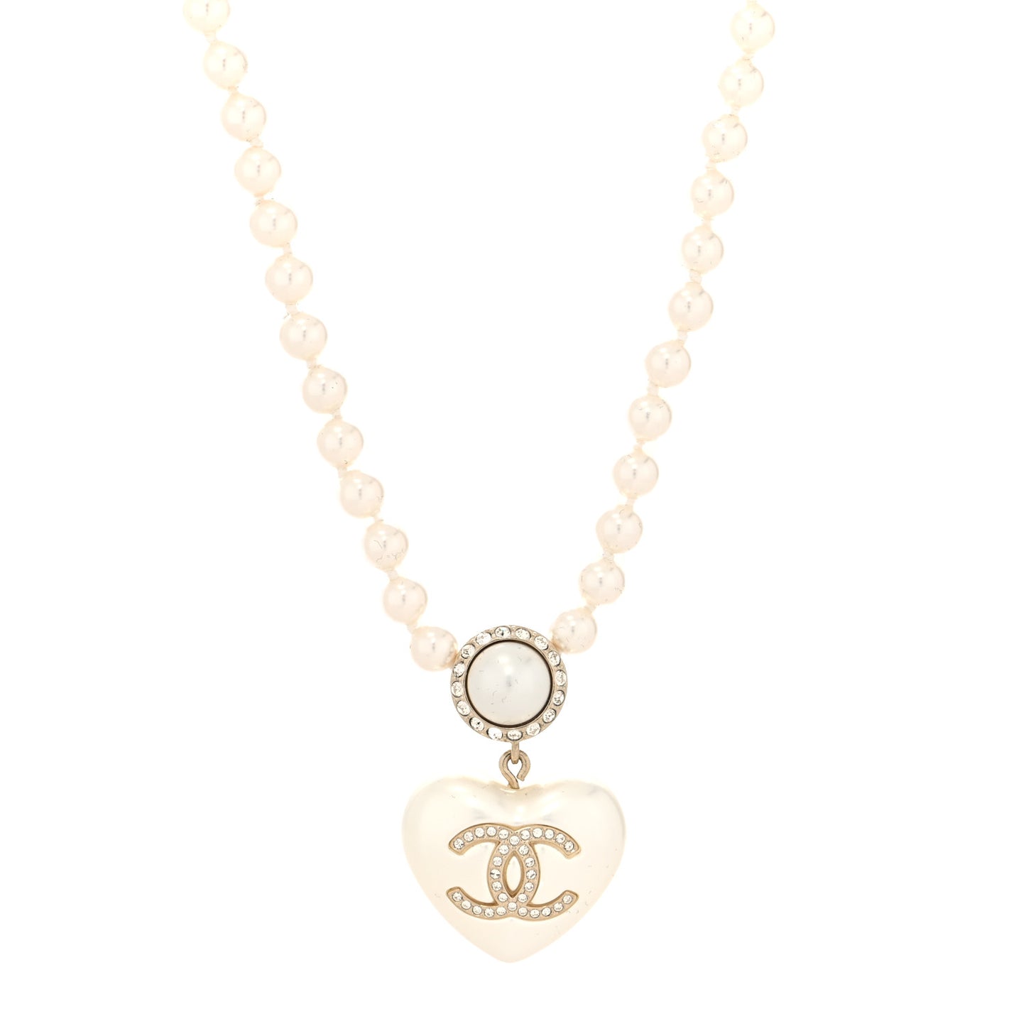 Pearl Crystal CC Heart Short Necklace Pearly White Gold