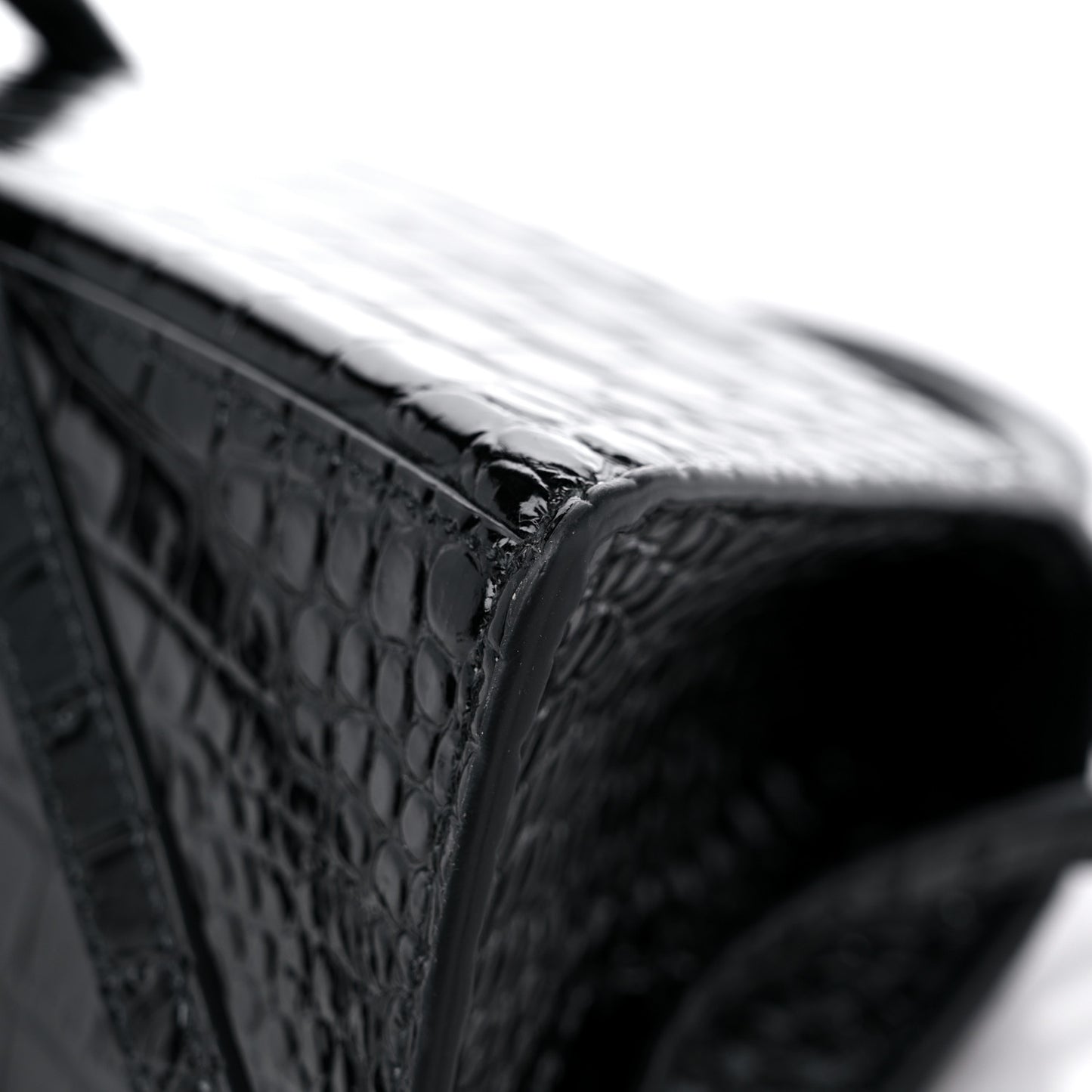 Shiny Calfskin Monochrome Crocodile Embossed Small Hourglass Top Handle Bag Black