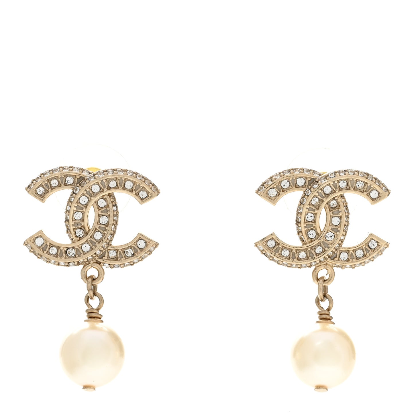 Crystal Pearl CC Drop Earrings Gold