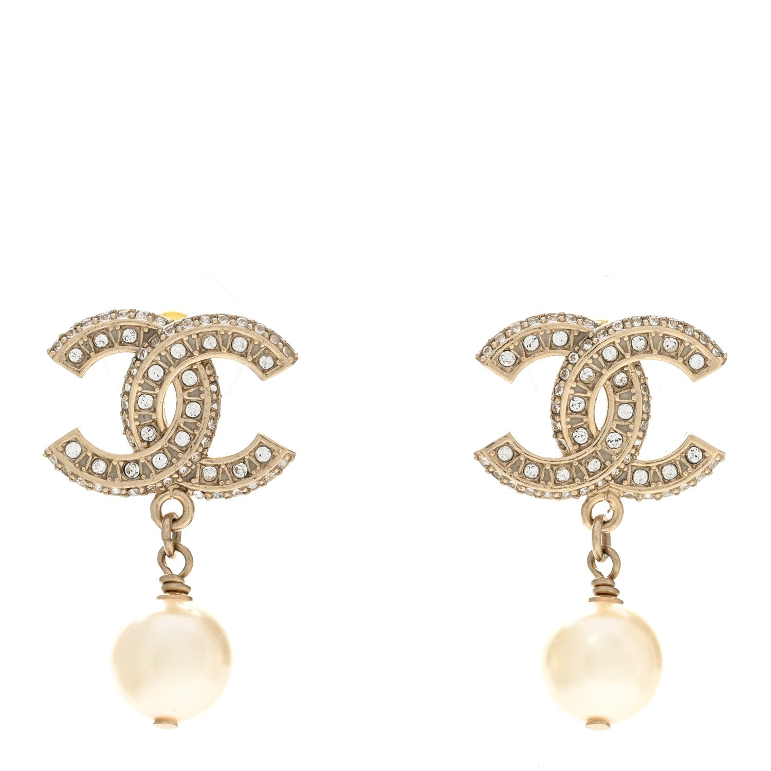 Chanel Crystal Pearl CC Drop Earrings Gold 1 of 5
