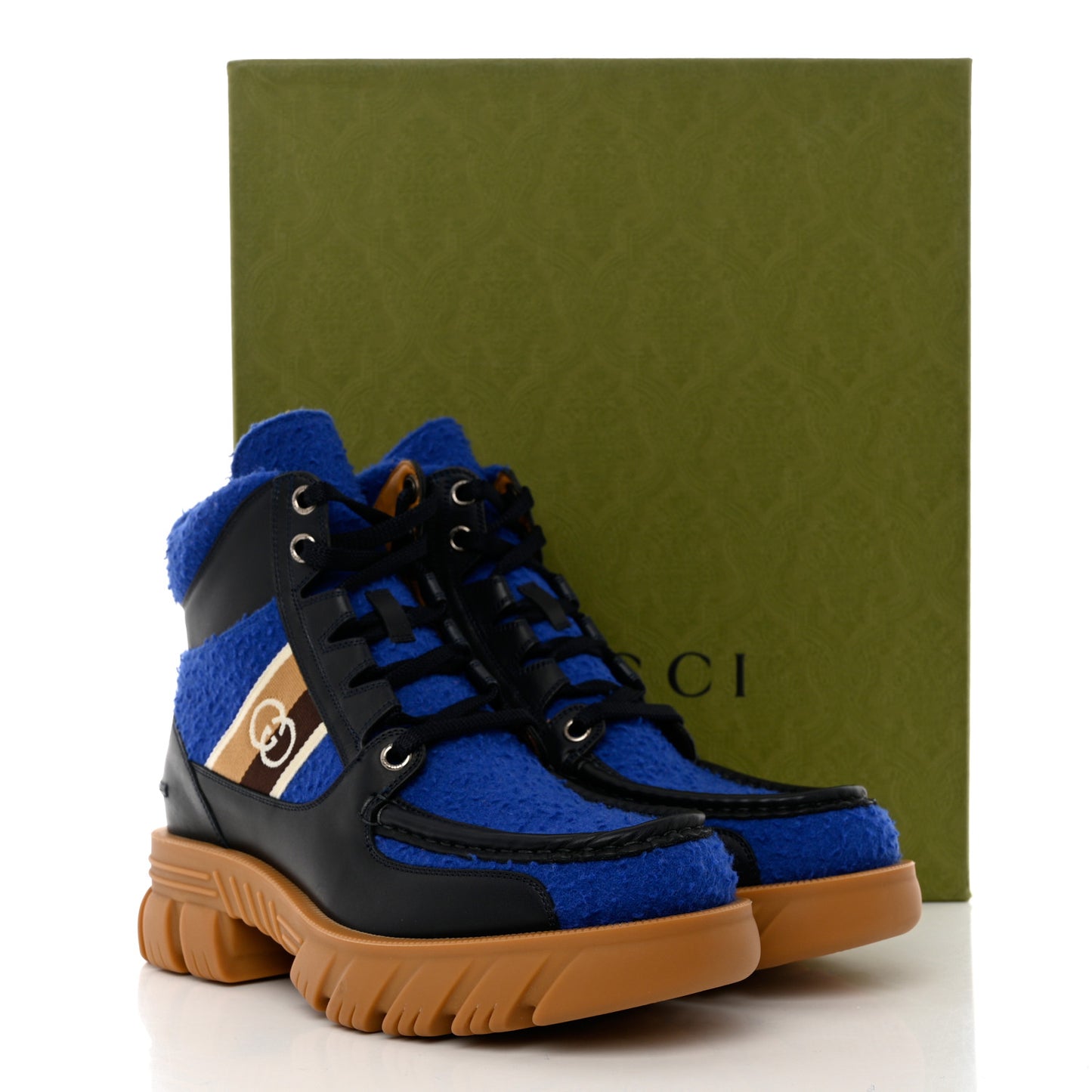 Casy Wool Quebec Calfskin Web Mens Interlocking G Lace Up Combat Boots 8.5 Blue China Blue