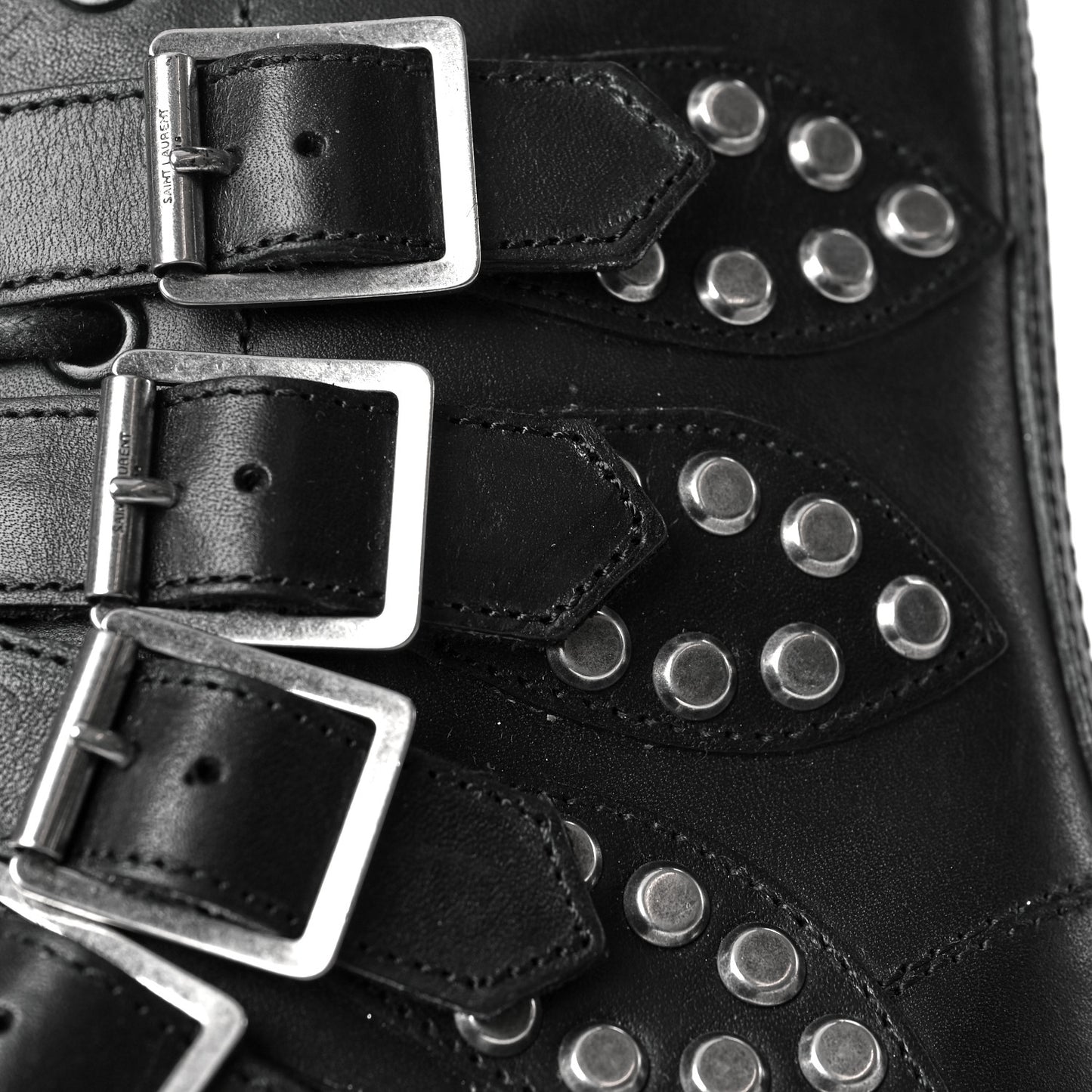 Smooth Calfskin Studded Strap Rangers Boots 36 Black