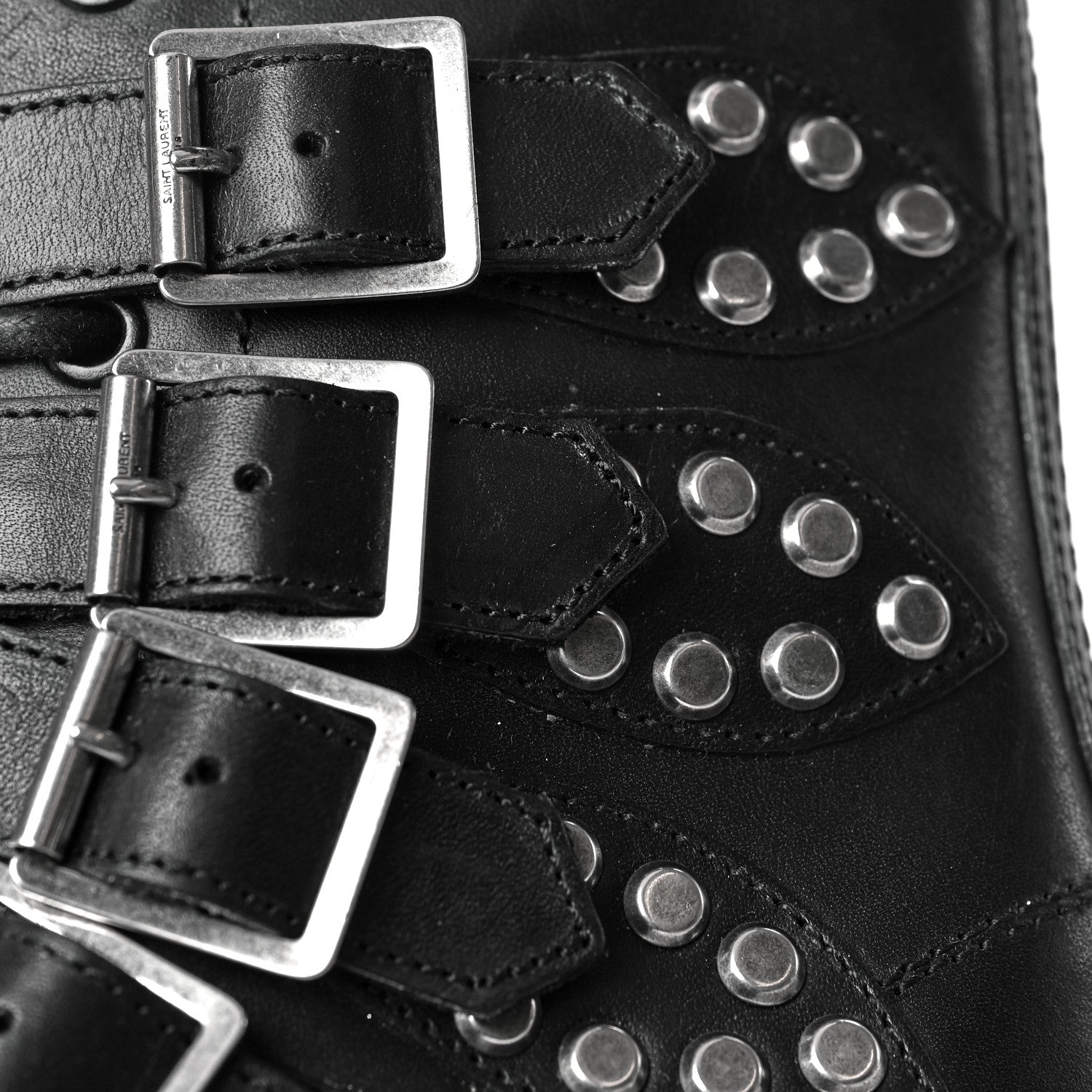 Saint Laurent Smooth Calfskin Studded Strap Rangers Boots 36 Black 11 of 20