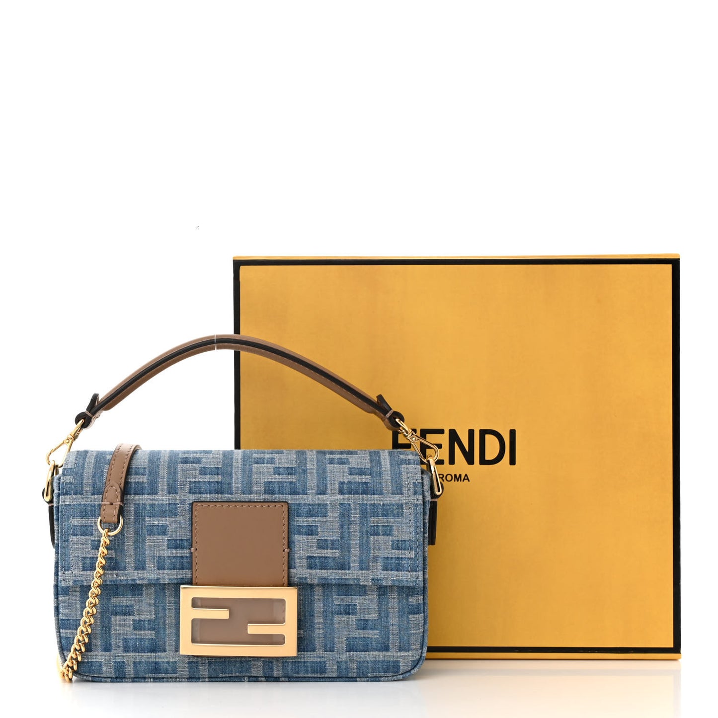 Denim Vitello King F is Fendi FF Embroidered Mini Baguette Denim Sand