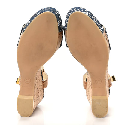 Chanel Canvas Lambskin Cork CC Wedge Sandals Navy Blue 7 of 9