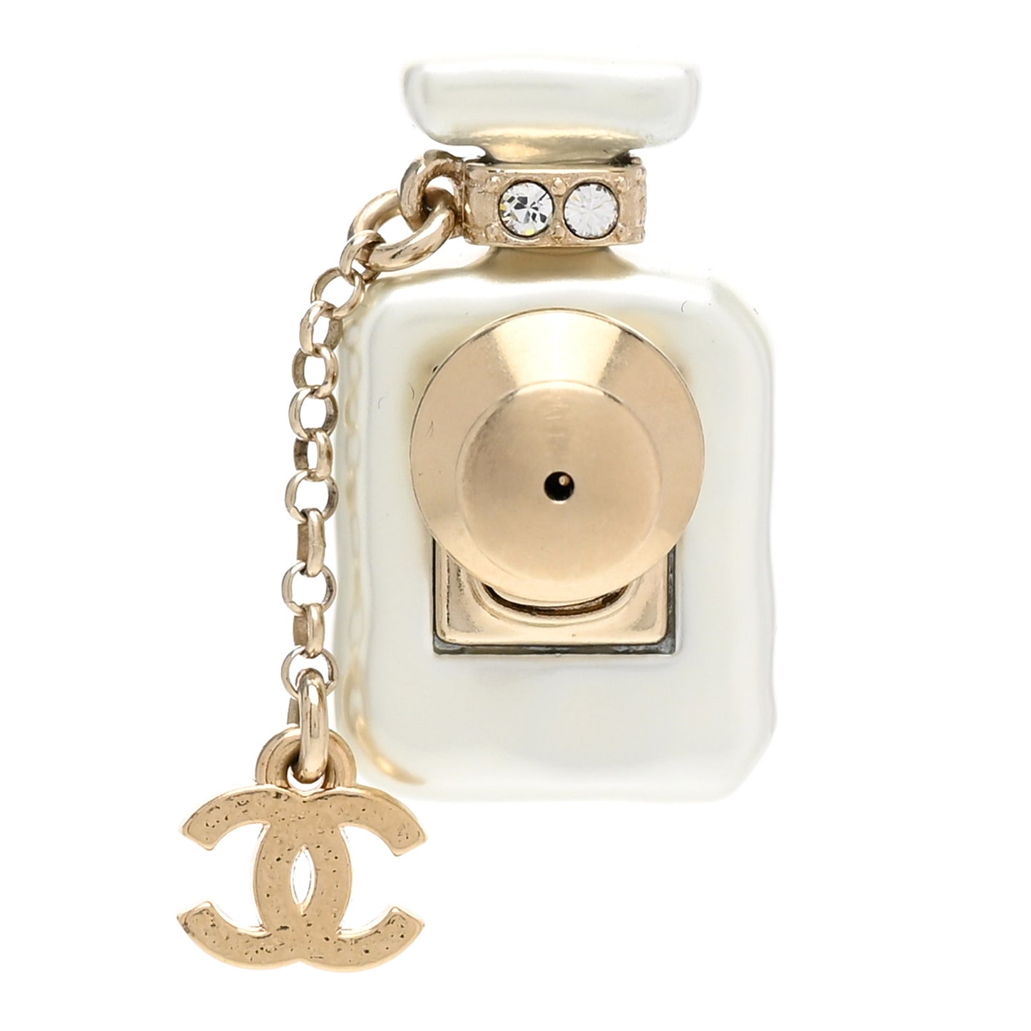 Pearl Resin Crystal CC No 5 Perfume Bottle Brooch Gold Pearly