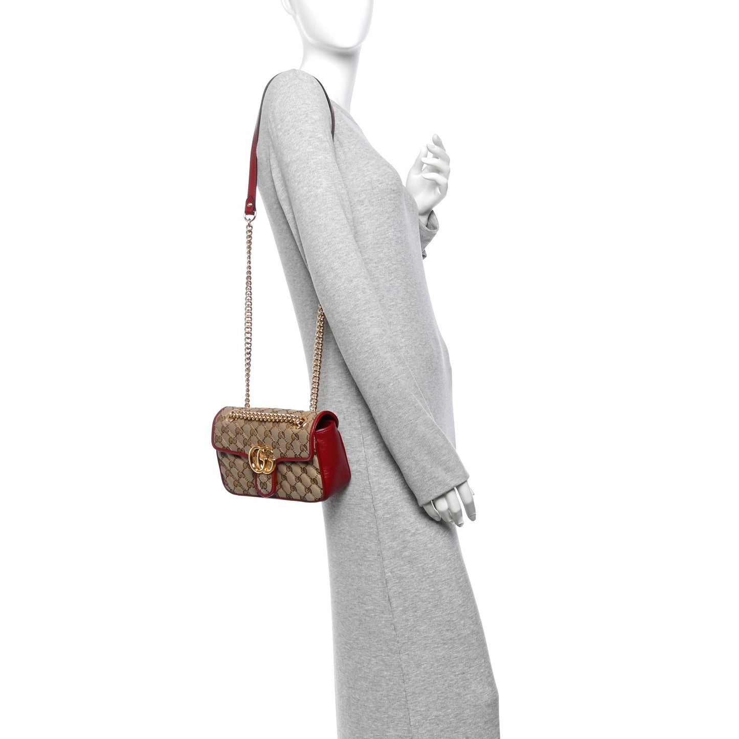 Monogram Azalea Calfskin Matelasse Diagonal Mini GG Marmont Shoulder Bag Beige Ebony New Cherry Red