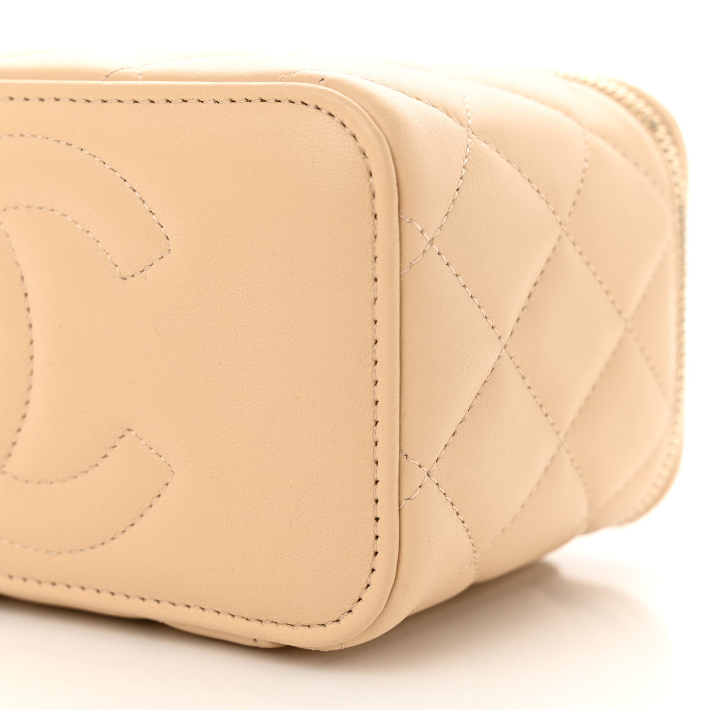 Lambskin Quilted Small Top Handle Vanity Case With Chain Beige