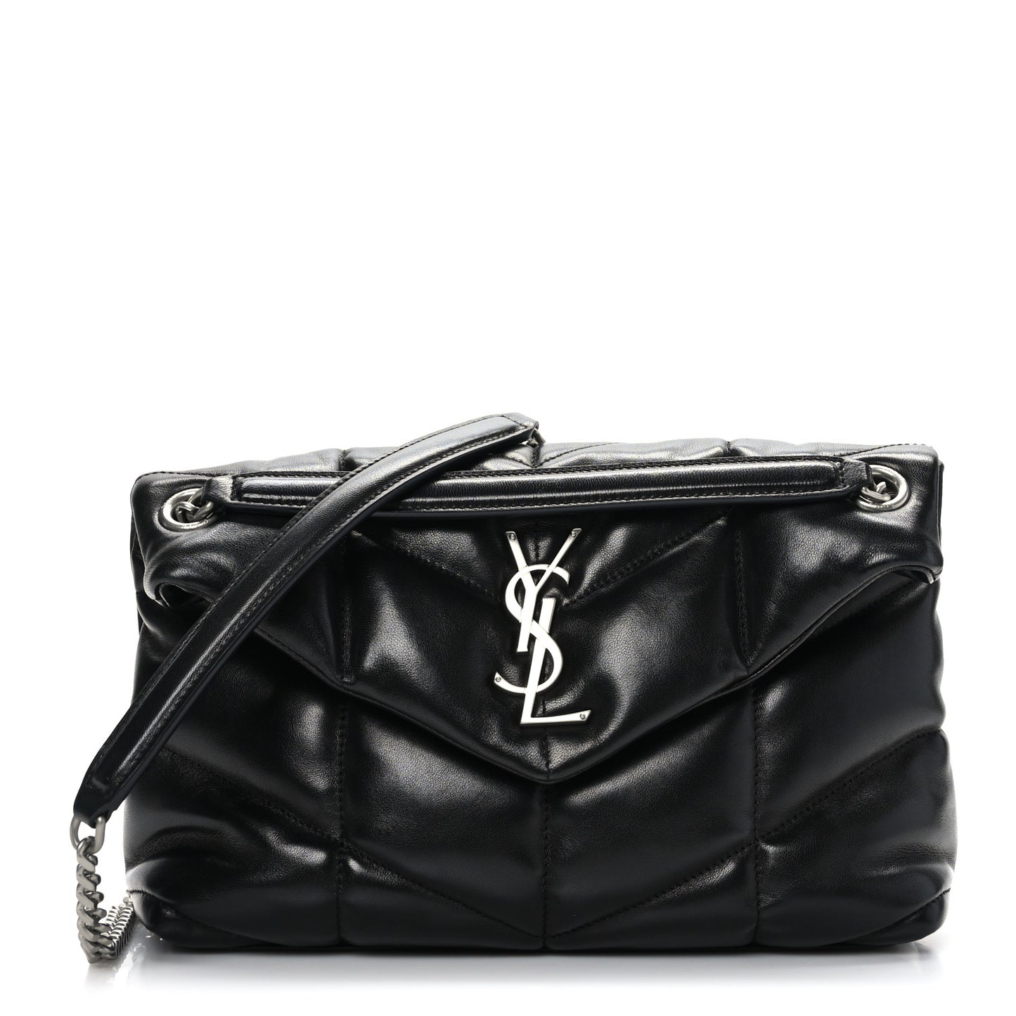 Lambskin Quilted Small Loulou Puffer Monogram Chain Satchel Black