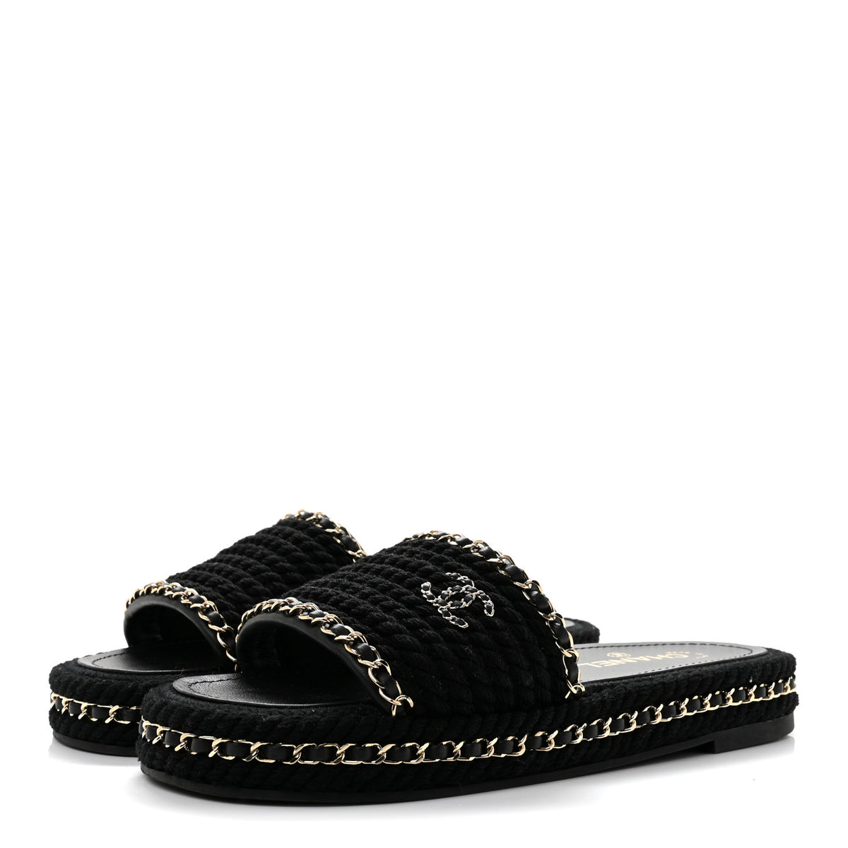 Cord Lambskin CC Chain Mules 40 Black