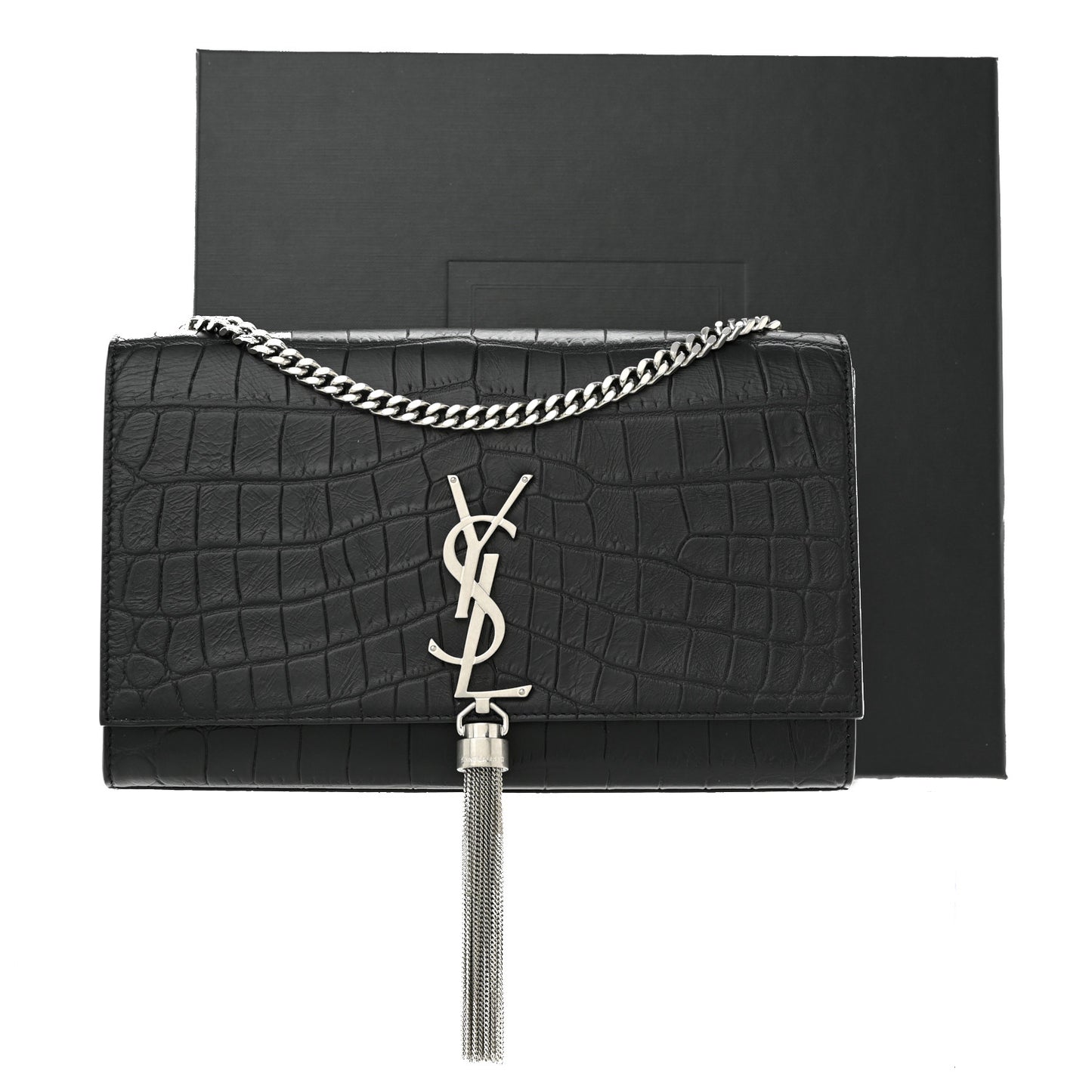 Calfskin Crocodile Embossed Medium Classic Monogram Kate Tassel Satchel Black