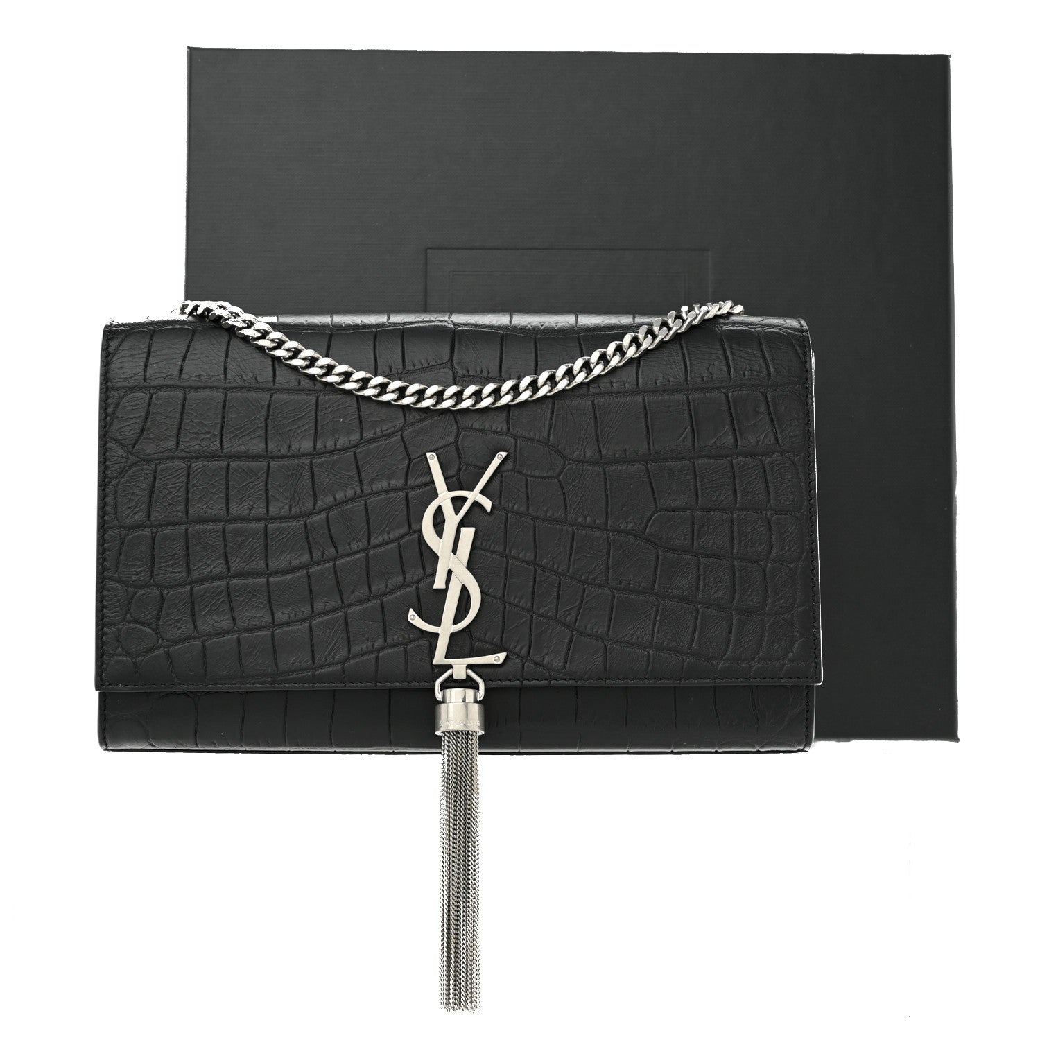 Saint Laurent Calfskin Crocodile Embossed Medium Classic Monogram Kate Tassel Satchel Black 11 of 11