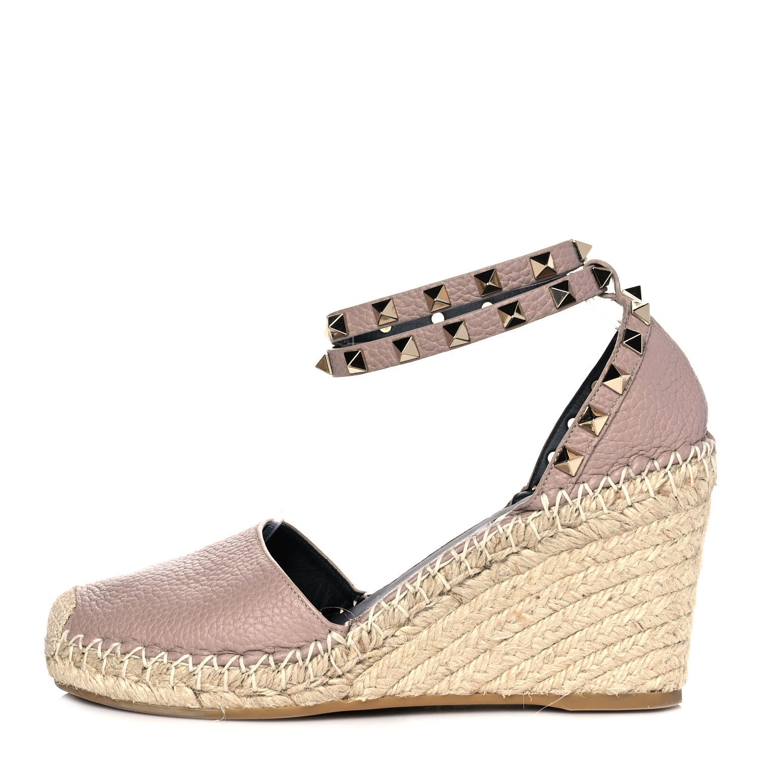 Valentino Garavani Grained Calfskin Rockstud Ankle Wrap Espadrille 15/85mm Wedges 37 Poudre Natural 1 of 7