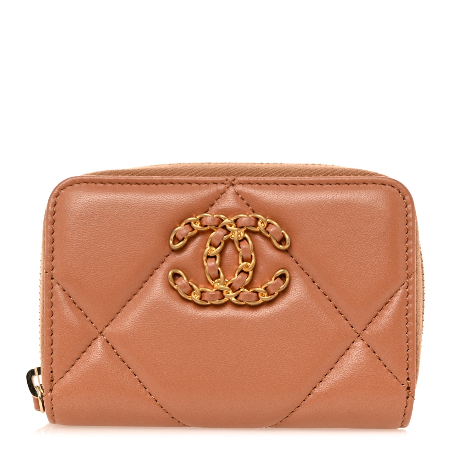 Lambskin Quilted Chanel 19 Zip Around Coin Purse Wallet Brown