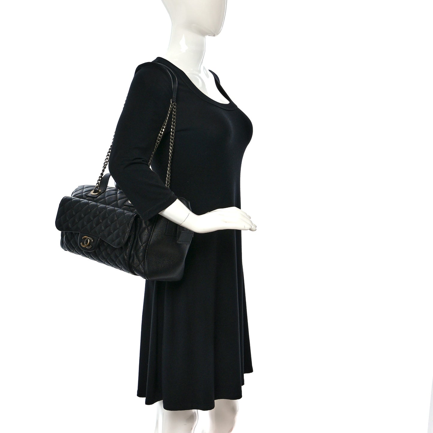 Grained Calfskin Quilted Large Casual Pocket Bowling Bag Black