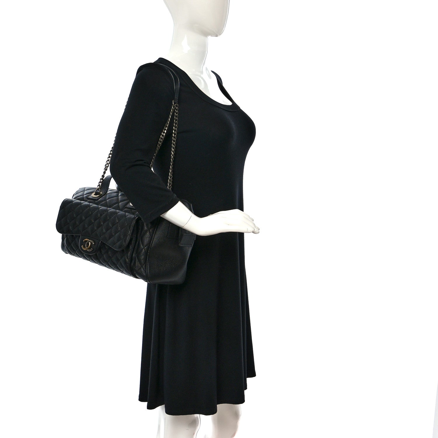 Chanel Grained Calfskin Quilted Large Casual Pocket Bowling Bag Black 2 of 9