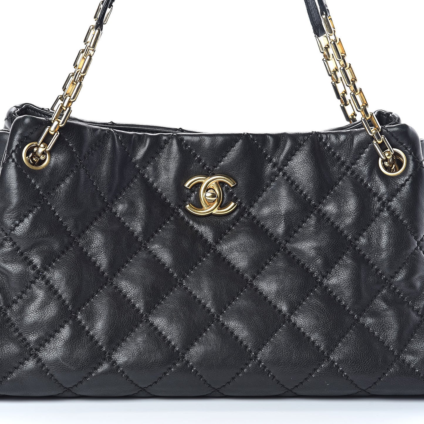 Calfskin Quilted Large Retro Chain Tote Black