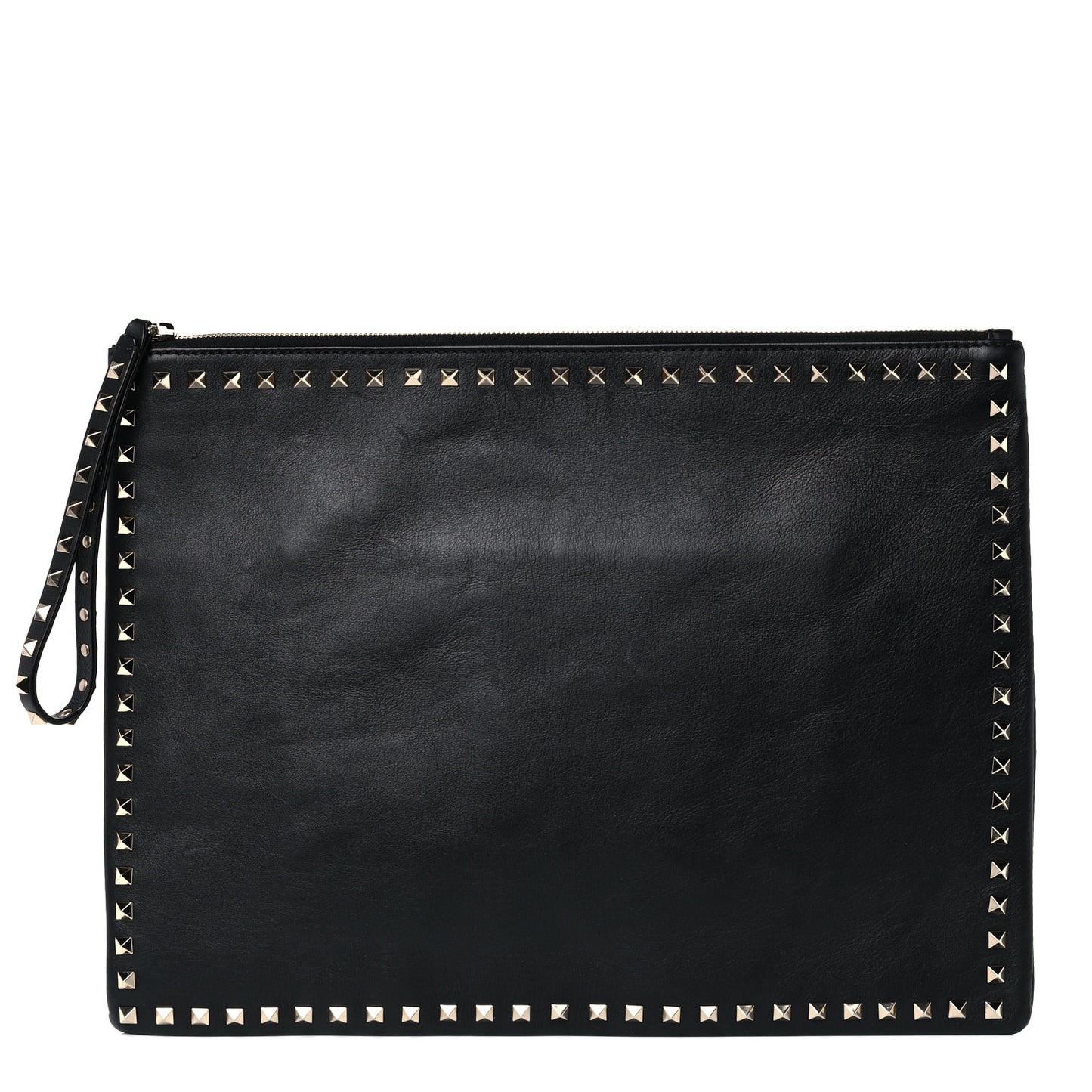 Vitello Oversized Rockstud Zip Wristlet Pouch Black