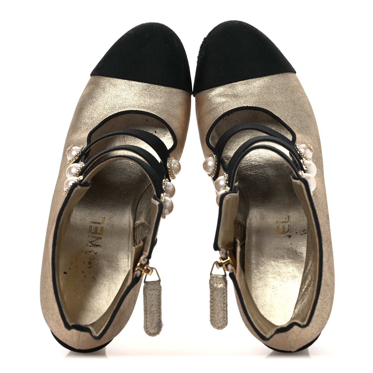 Metallic Calfskin Grosgrain Cap Toe Pearl Ankle Boots 37.5 Gold