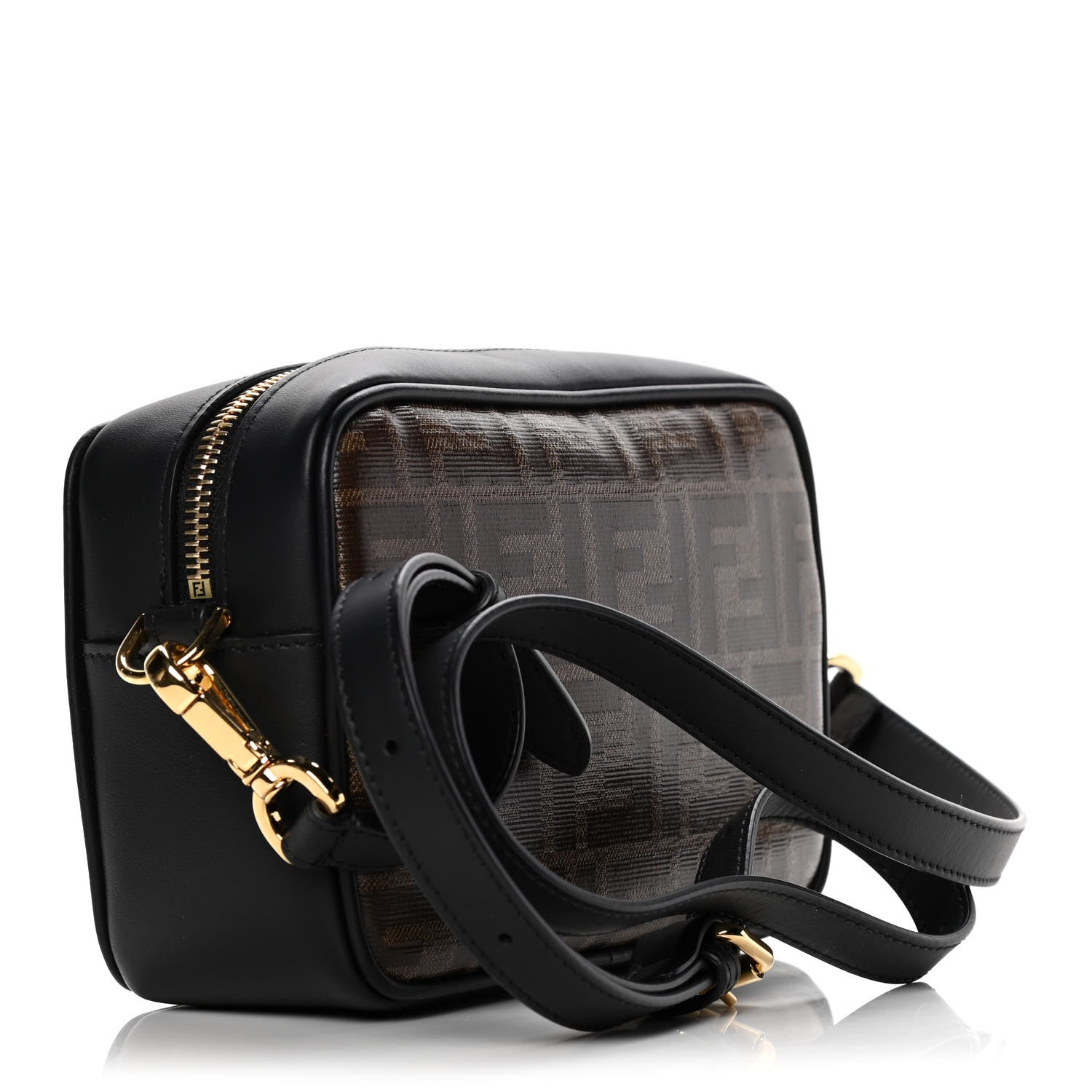 Fendi Glazed Fabric Vitello Century FF 1974 Stamp Patch Mini Camera Case Mogano Panna Black 3 of 10