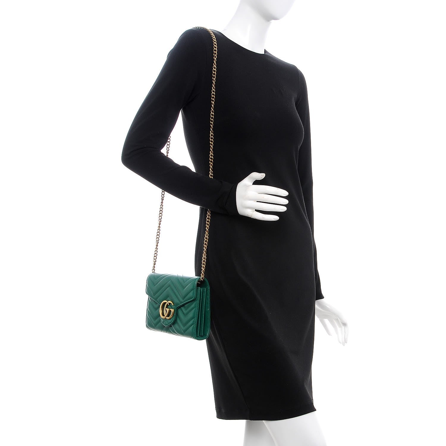 Gucci Calfskin Matelasse GG Marmont Chain Wallet Emerald Green 2 of 8