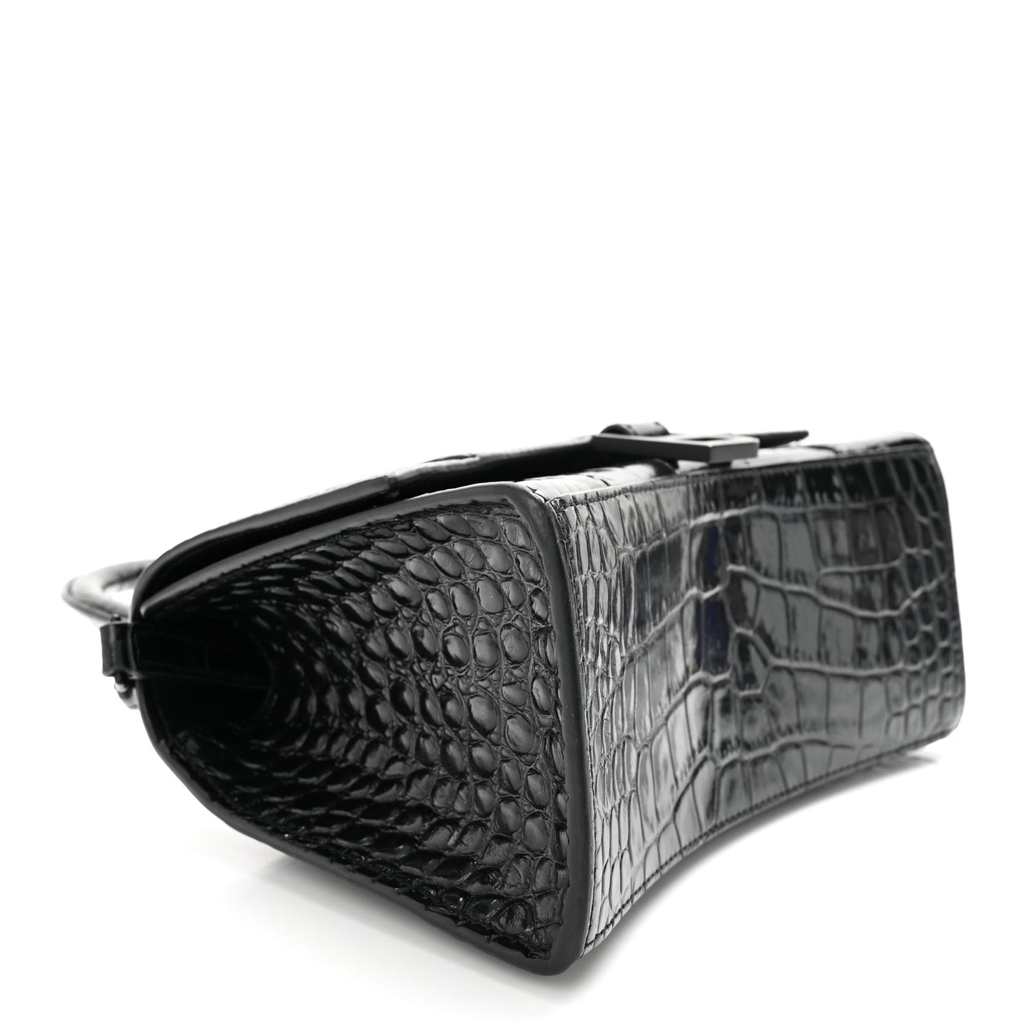 Shiny Calfskin Monochrome Crocodile Embossed Small Hourglass Top Handle Bag Black