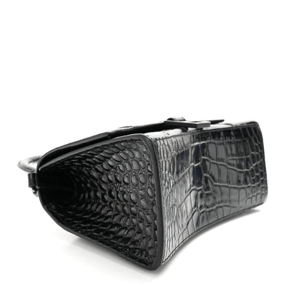 Balenciaga Shiny Calfskin Monochrome Crocodile Embossed Small Hourglass Top Handle Bag Black 4 of 11