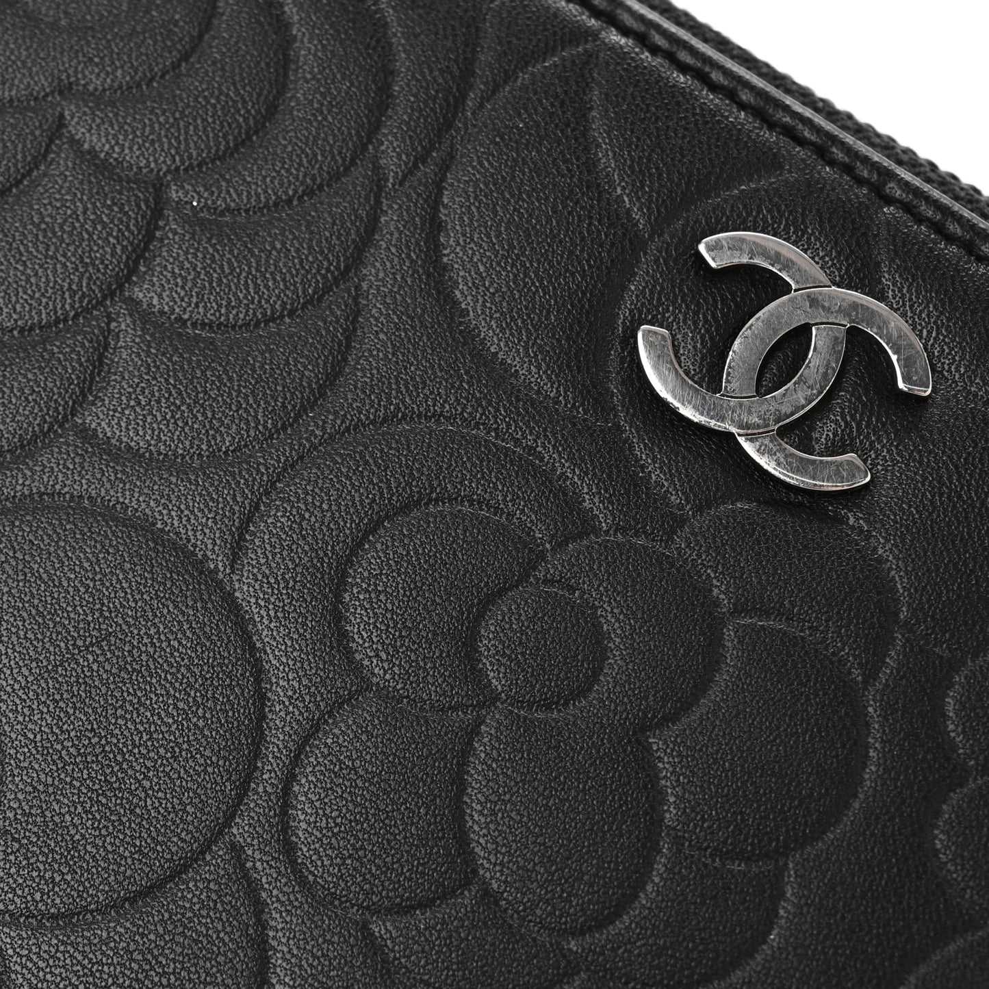 Lambskin Camellia Embossed Large Zip Around Gusset Wallet Black