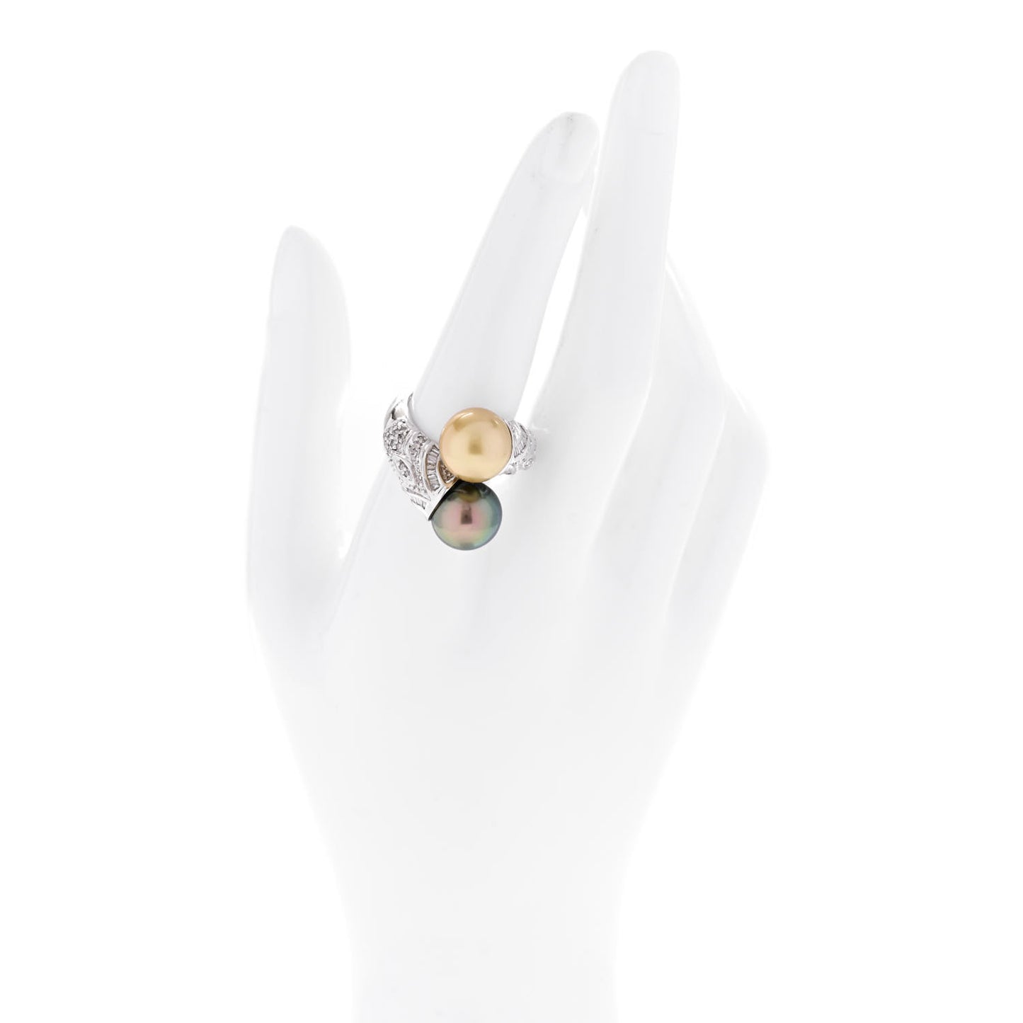 14K White Gold Diamond Gold Black Cultured Pearl .45ctw Bypass Ring 56 7.5