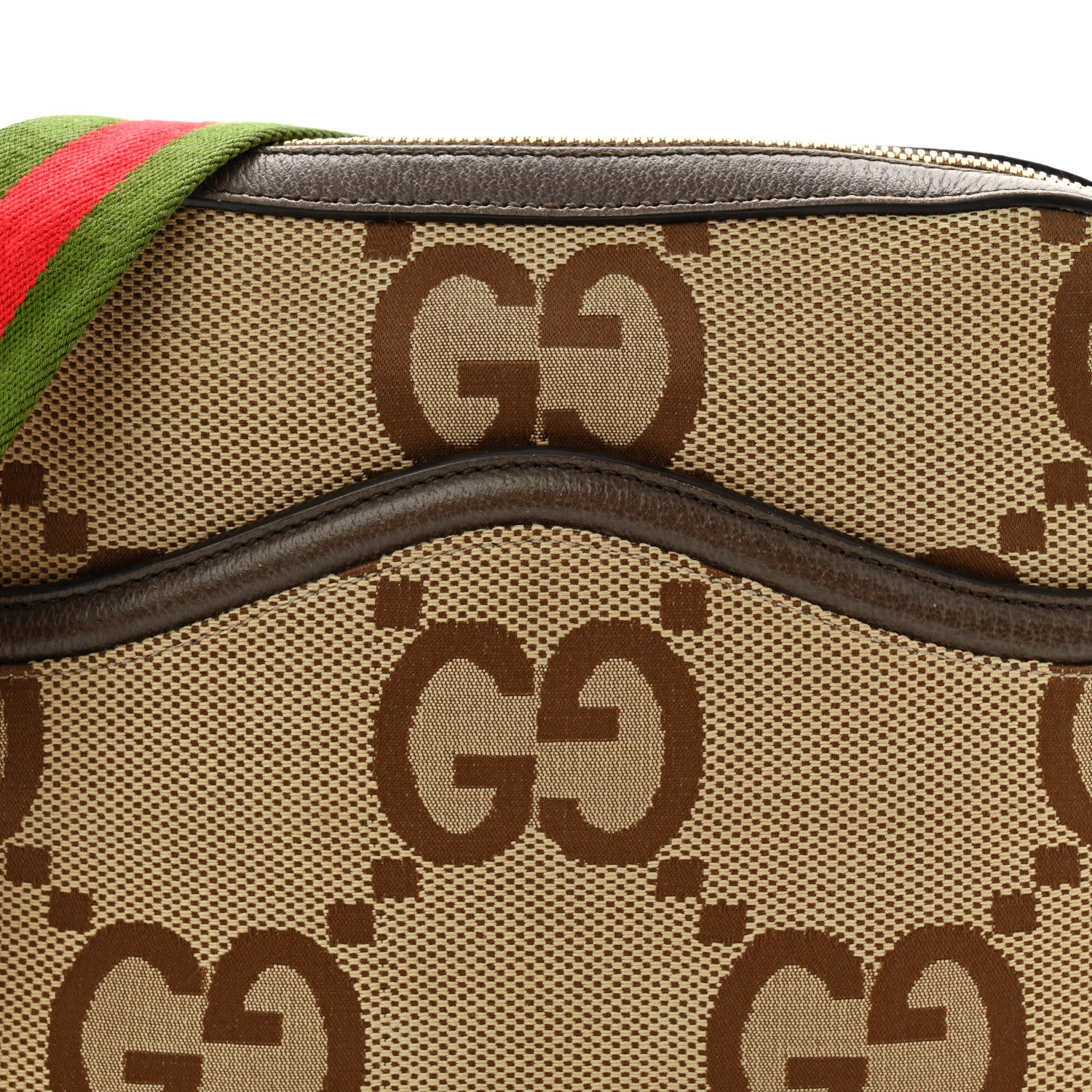 Gucci Monogram Jumbo GG Textured Dollar Calfskin Web Messenger Shoulder Bag Camel Ebony New Acero 8 of 14