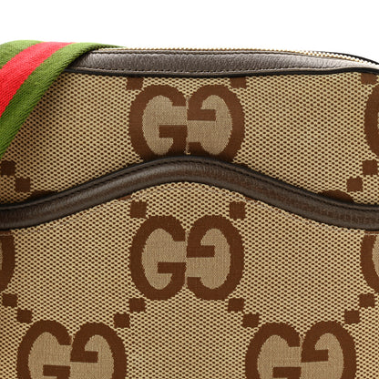 Gucci Monogram Jumbo GG Textured Dollar Calfskin Web Messenger Shoulder Bag Camel Ebony New Acero 8 of 14