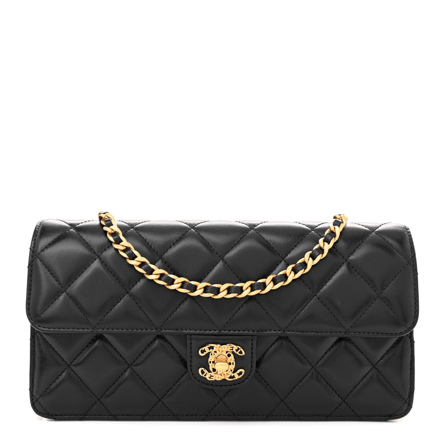 Shiny Lambskin Quilted Flap Clutch Bag Black