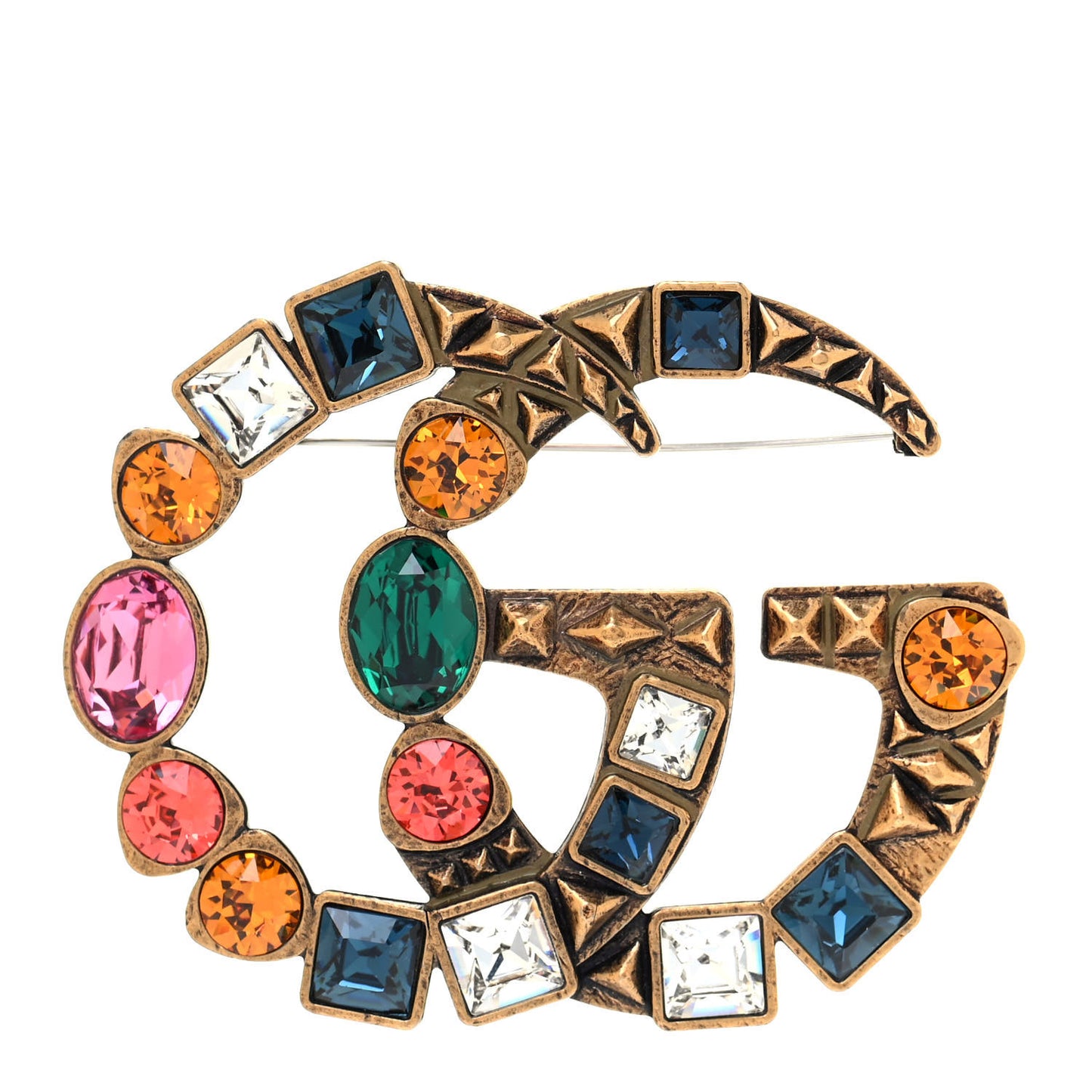 Metal Crystal Double G Brooch Aged Gold Multicolor