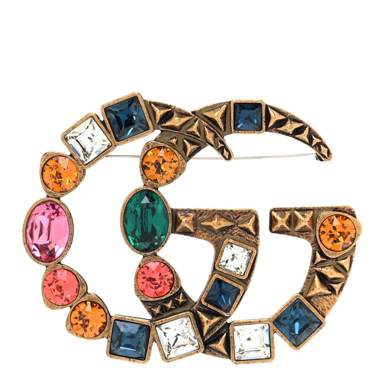Gucci Metal Crystal Double G Brooch Aged Gold Multicolor 1 of 4