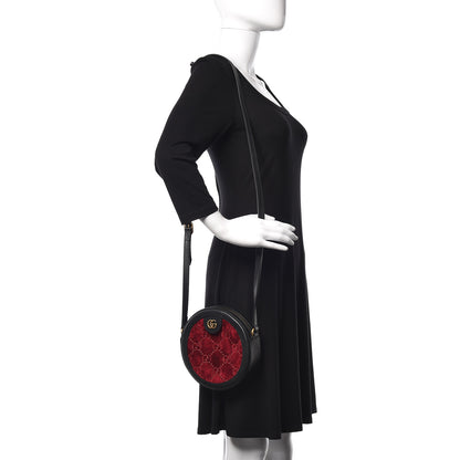 Gucci Velvet GG Monogram Textured Calfskin Round Shoulder Bag Red Cipria Black 2 of 10