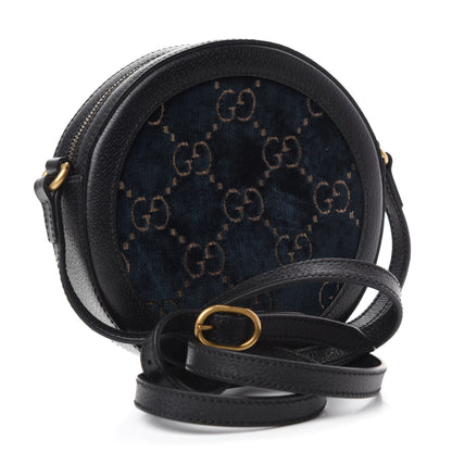 Gucci Velvet GG Monogram Calfskin Round Shoulder Bag Blue Beige 3 of 12