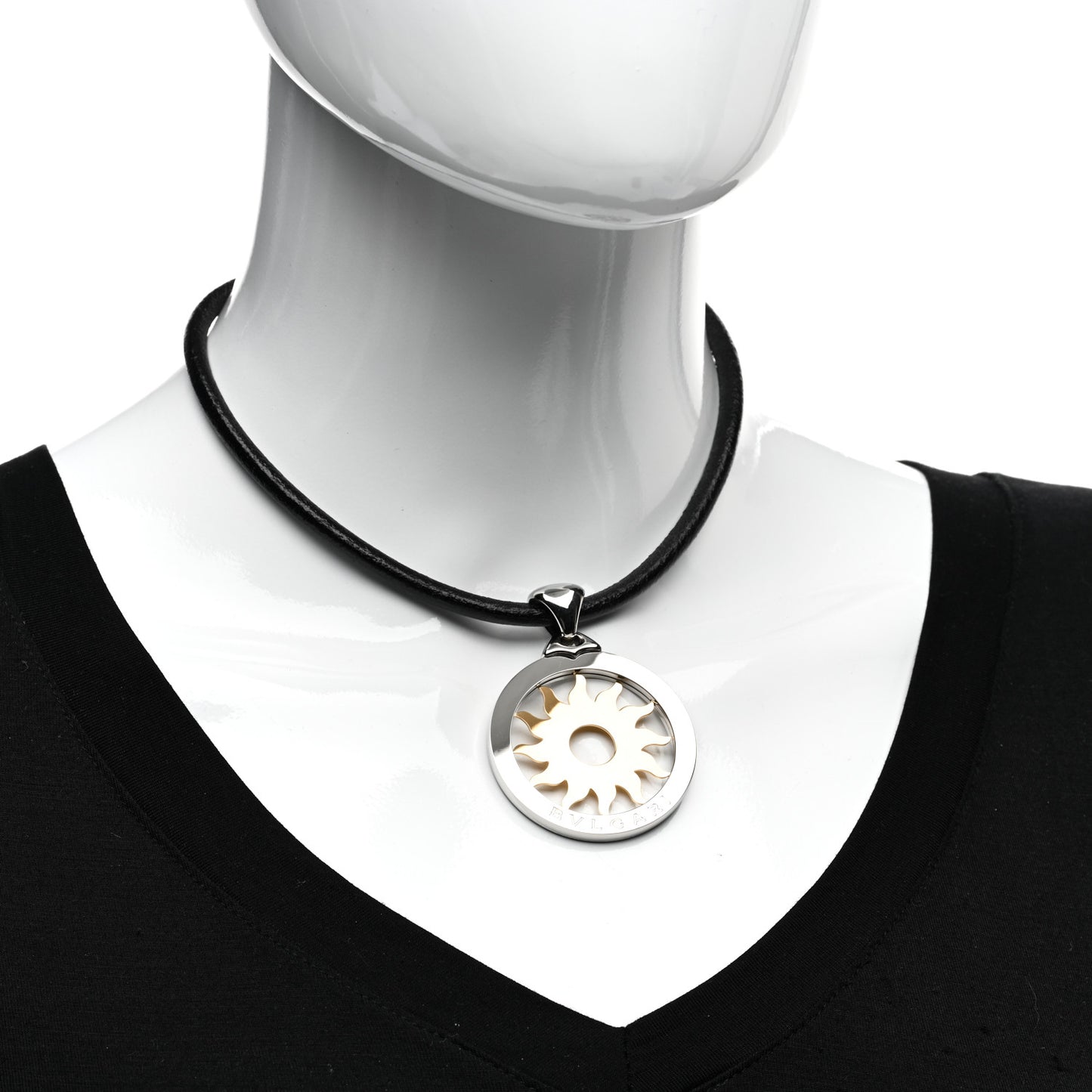 18K Yellow Gold Stainless Steel Calfskin Tondo Sun Pendant Necklace Black