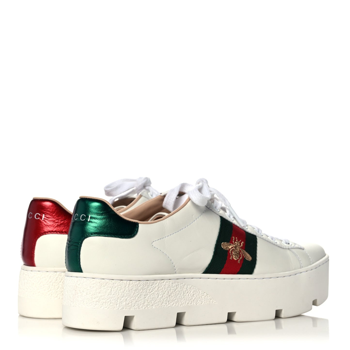Calfskin Web Bee Embroidered Womens Ace Platform Sneakers 36.5 White