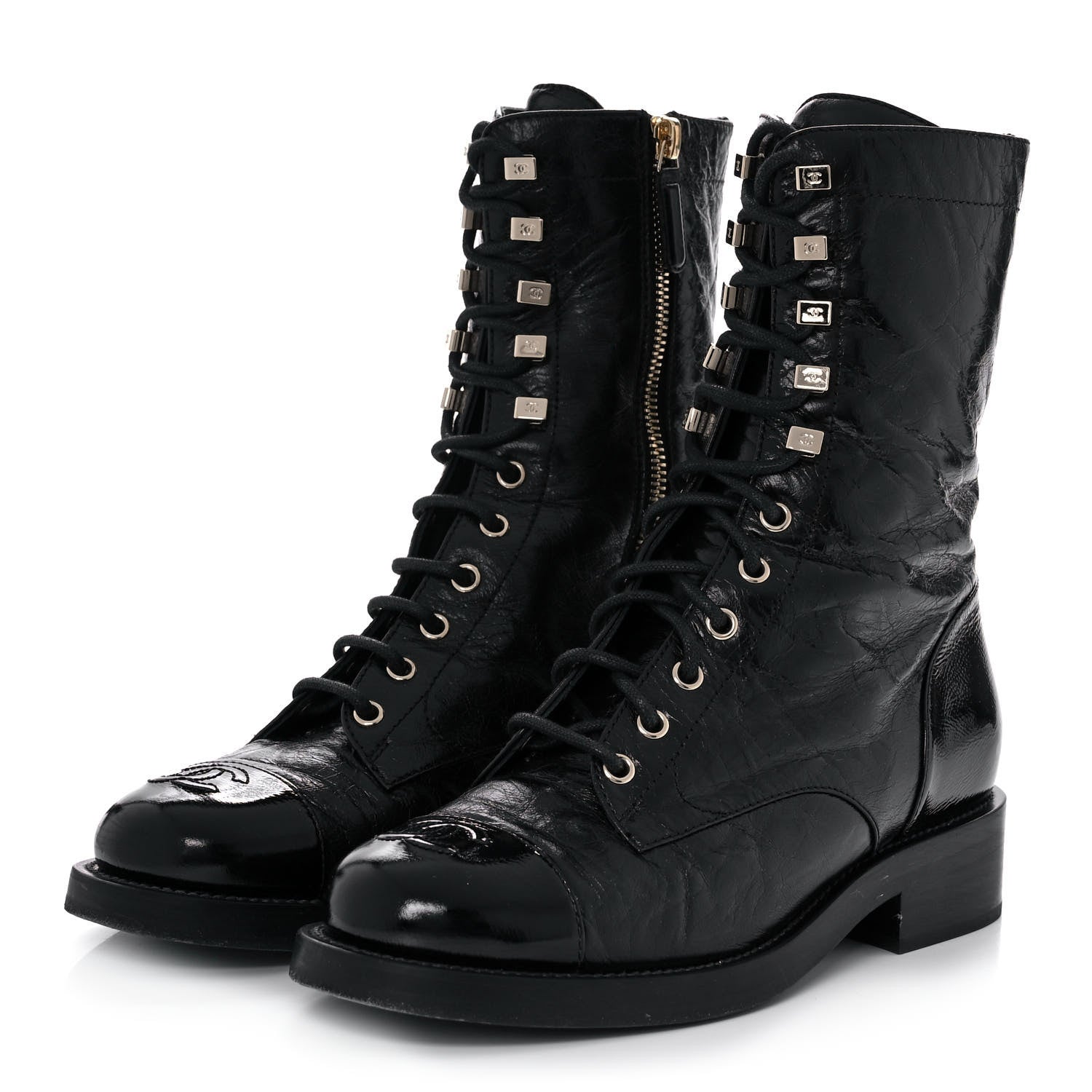 Chanel Aged Calfskin Lace Up Combat Boots 37.5 Black 3 of 9