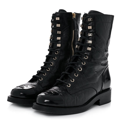 Chanel Aged Calfskin Lace Up Combat Boots 37.5 Black 3 of 9