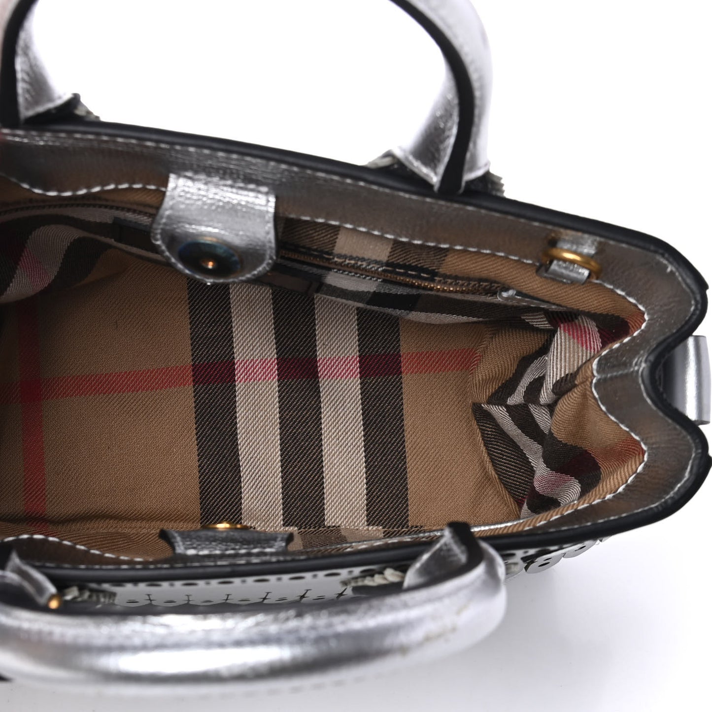 Metallic Calfskin Broguing Small Banner Tote Silver