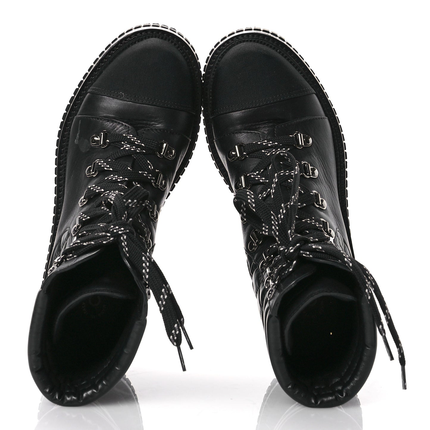 Calfskin Grosgrain Quilted Lace Up Boots 38 Black Grey