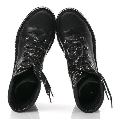 Chanel Calfskin Grosgrain Quilted Lace Up Boots 38 Black Grey 2 of 9