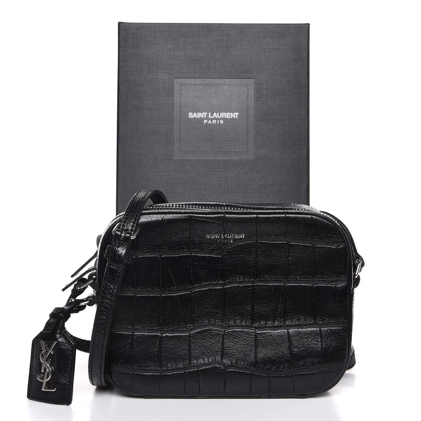 Calfskin Crocodile Embossed Small Classic Monogram Camera Bag Black