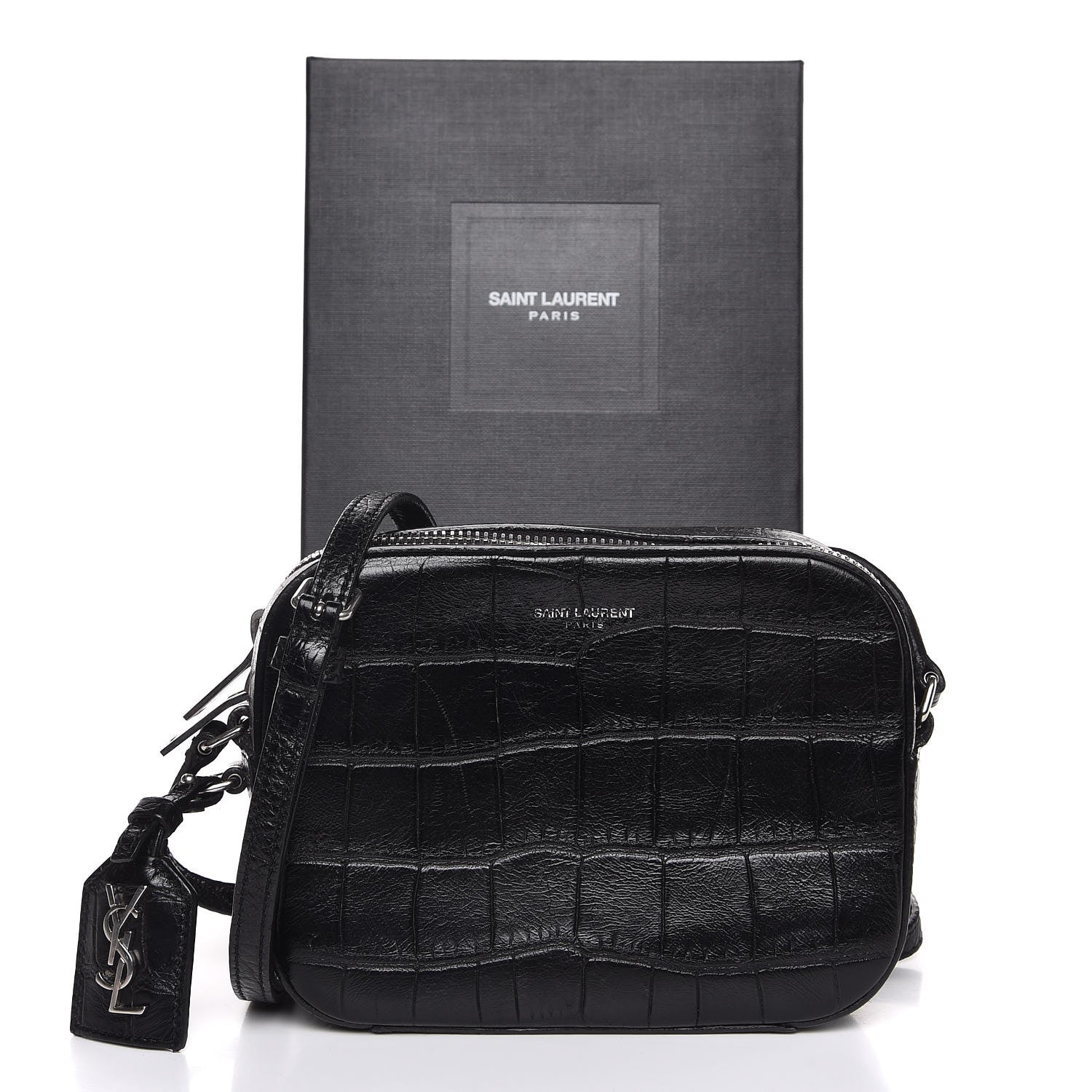 Saint Laurent Calfskin Crocodile Embossed Small Classic Monogram Camera Bag Black 8 of 8