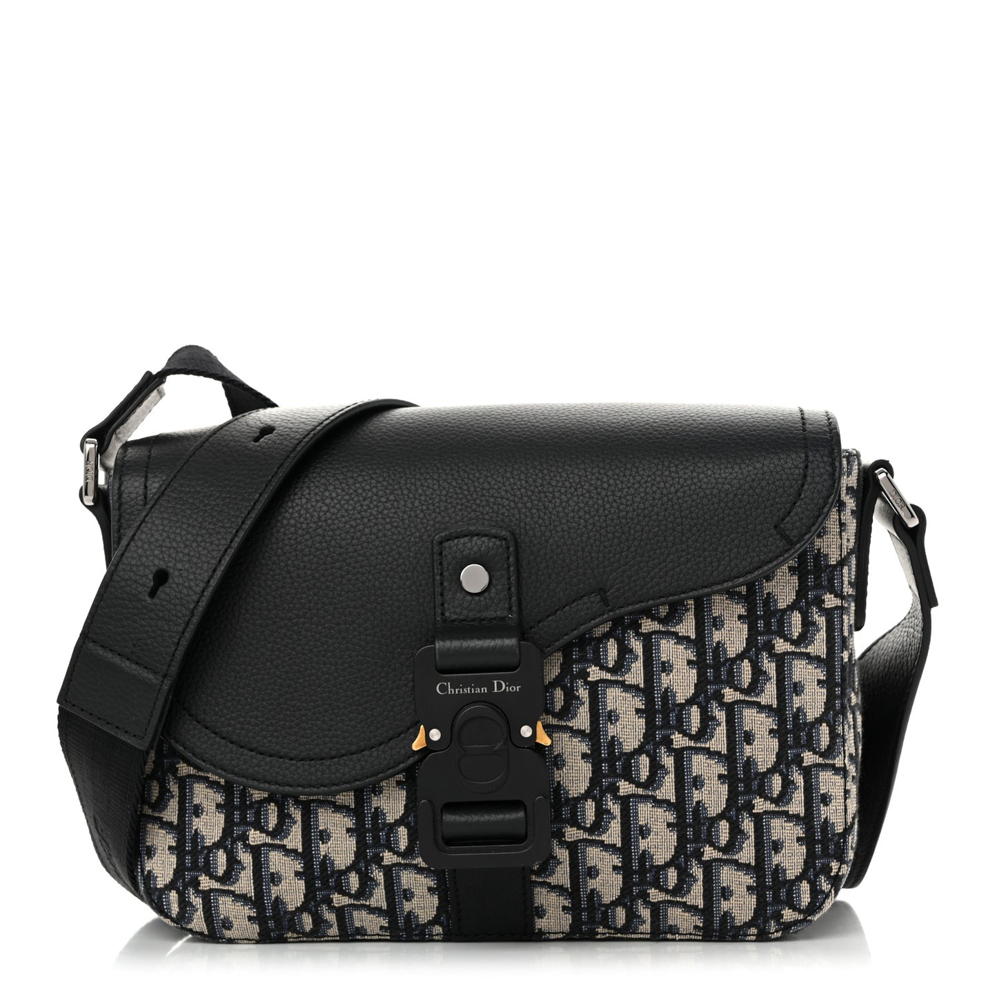 Oblique Jacquard Grained Calfskin Small Saddle Messenger Bag Beige Black