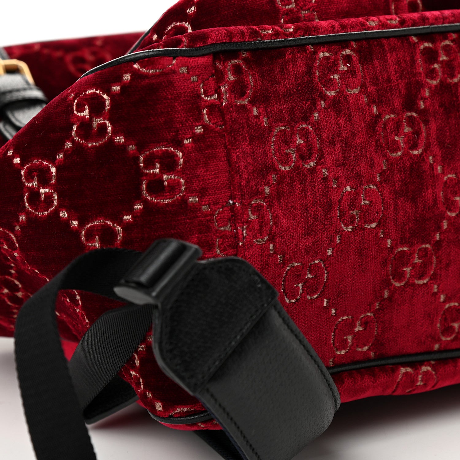 Gucci Velvet GG Monogram Textured Calfskin Web Small Double Buckle Backpack Red Cipria Black 8 of 10